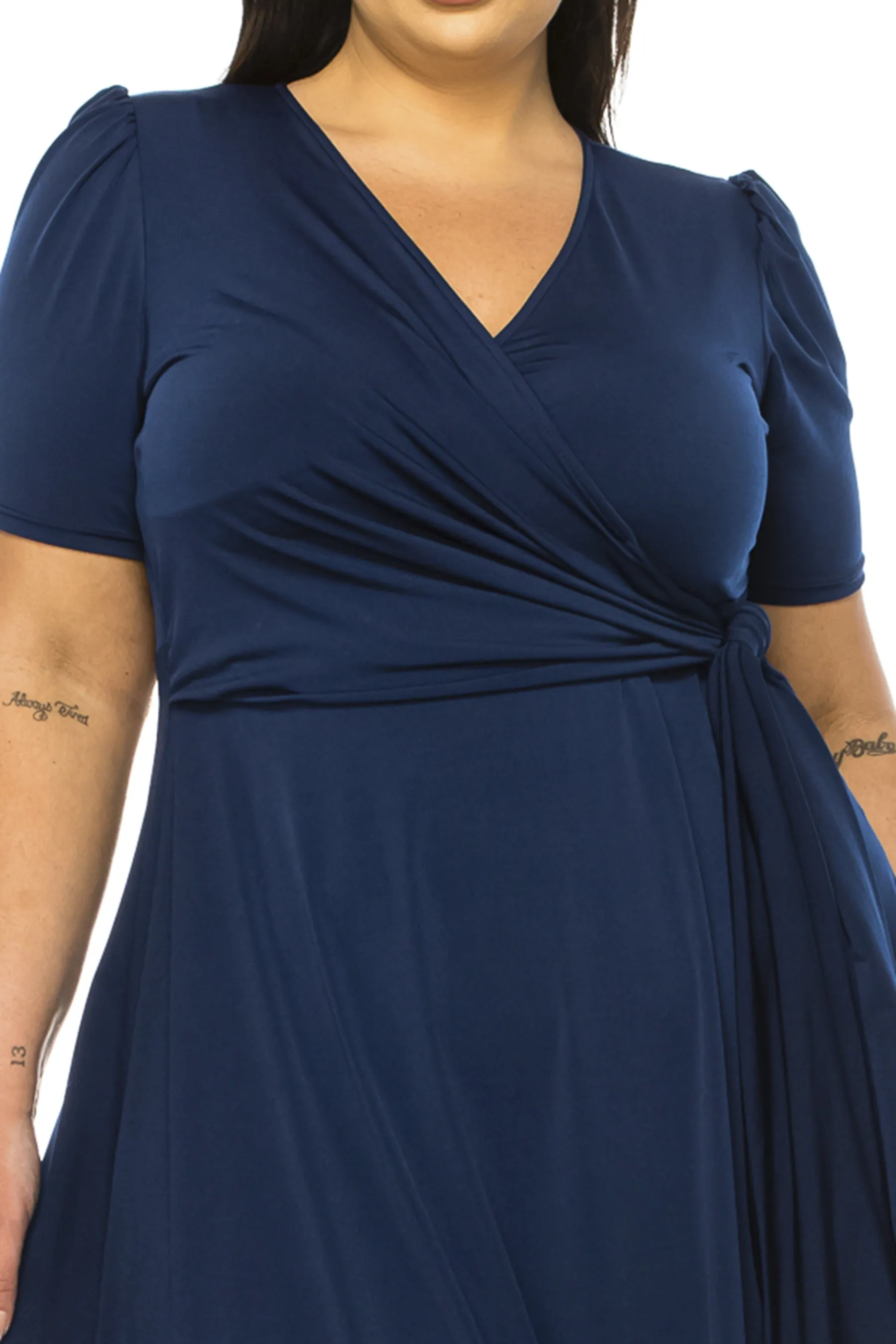 Women's Plus size Stylish Solid Faux Wrap Dress with Deep V-Neck