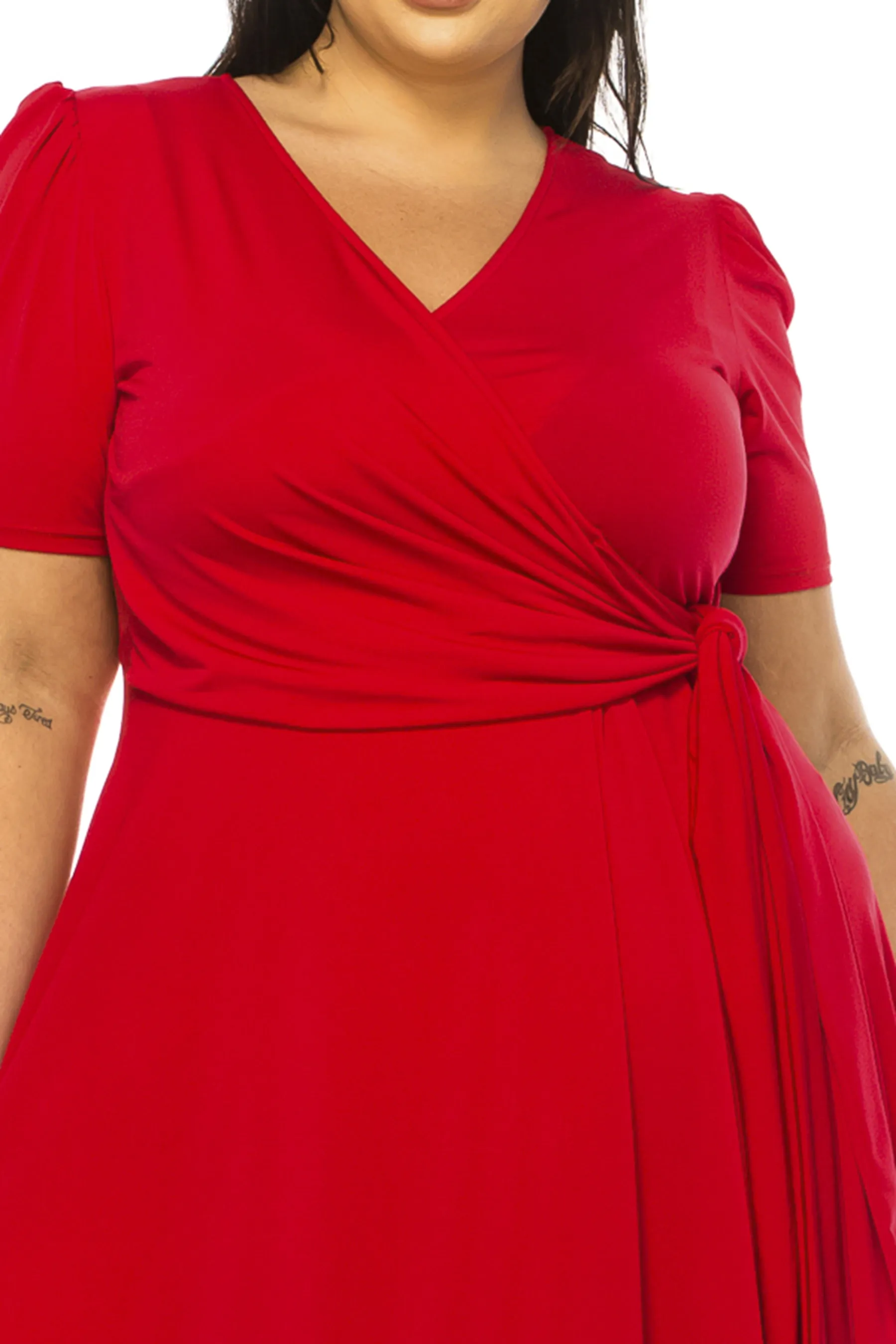 Women's Plus size Stylish Solid Faux Wrap Dress with Deep V-Neck