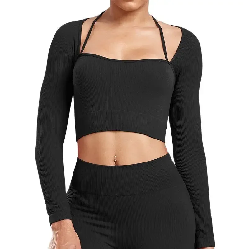 Women's Ribbed Seamless Long Sleeve Crop Top - Elastic Slim Workout Tee