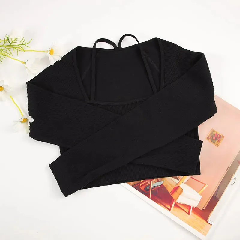 Women's Ribbed Seamless Long Sleeve Crop Top - Elastic Slim Workout Tee