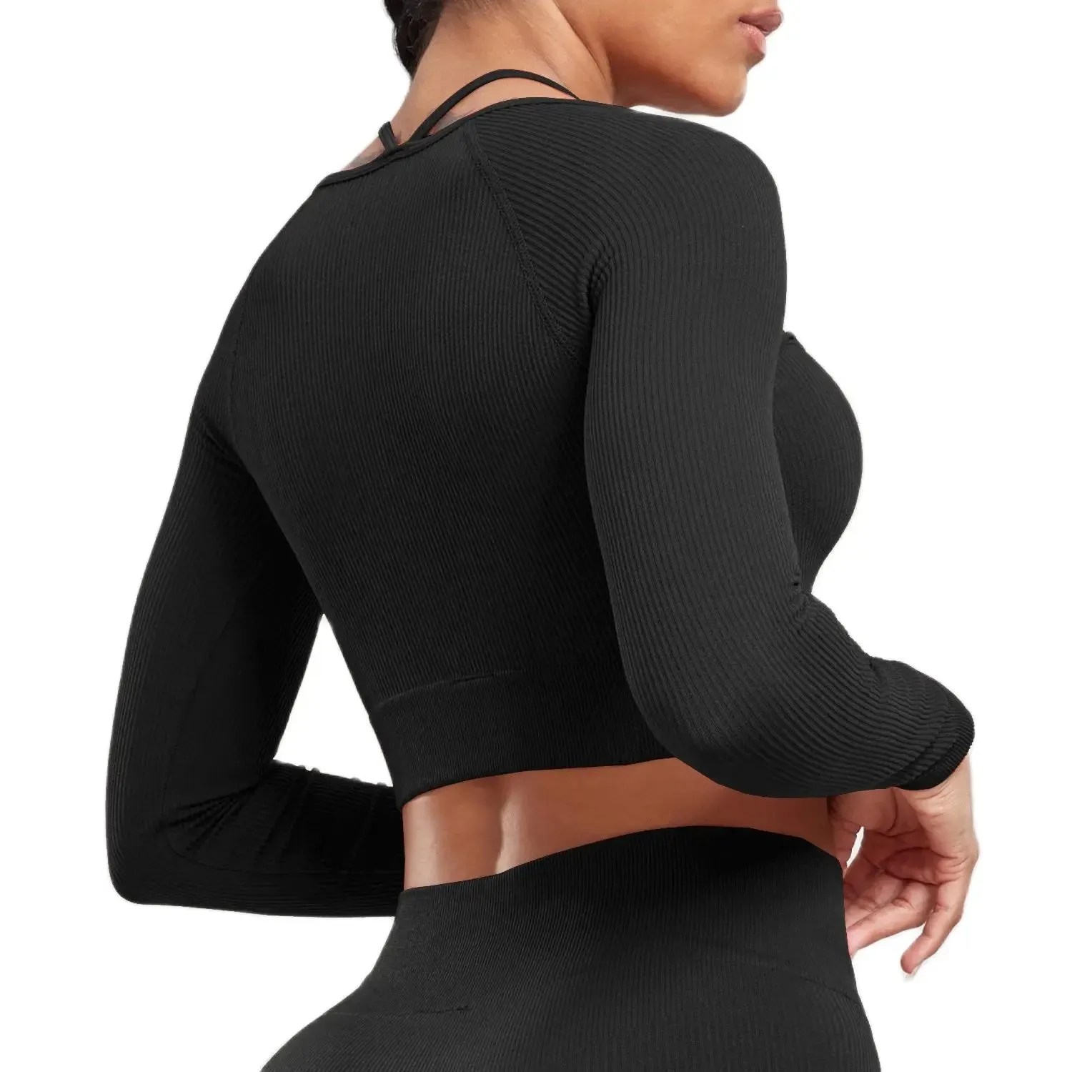 Women's Ribbed Seamless Long Sleeve Crop Top - Elastic Slim Workout Tee