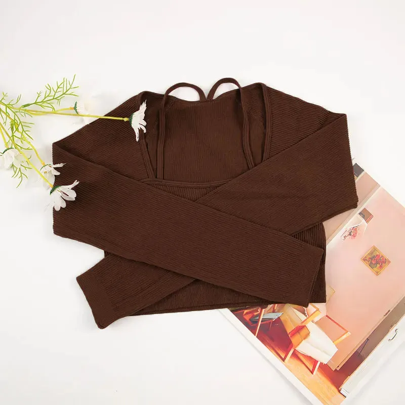 Women's Ribbed Seamless Long Sleeve Crop Top - Elastic Slim Workout Tee