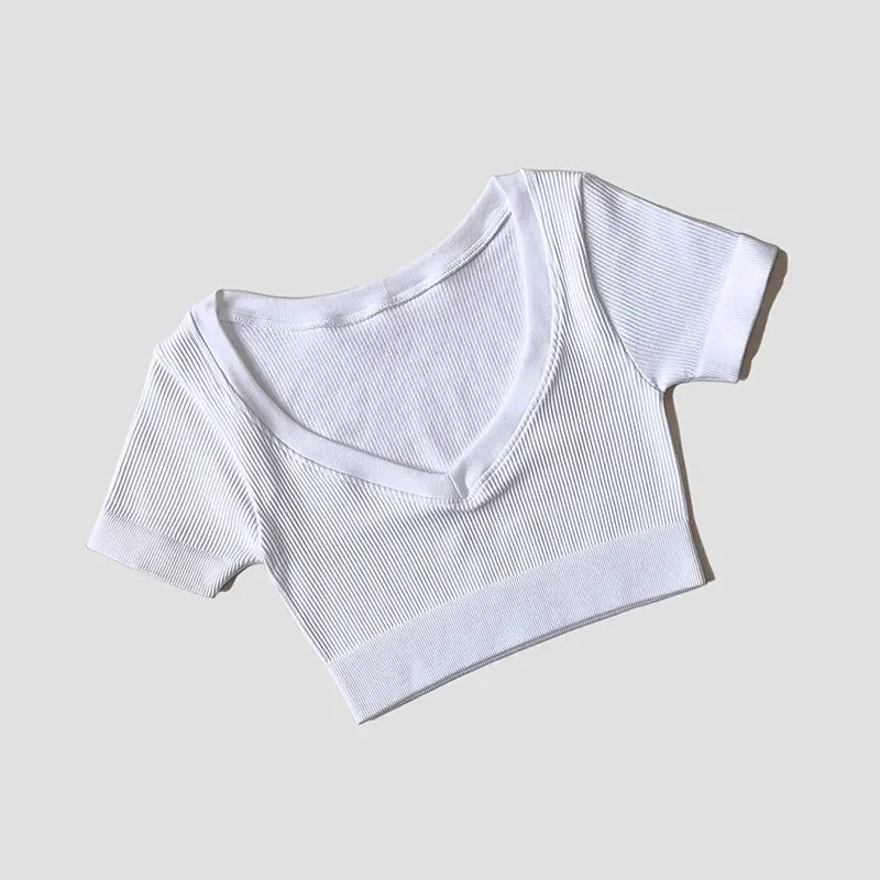 Women's Seamless Deep V Neck Short Sleeve Yoga Crop Top - Fitness Sportswear