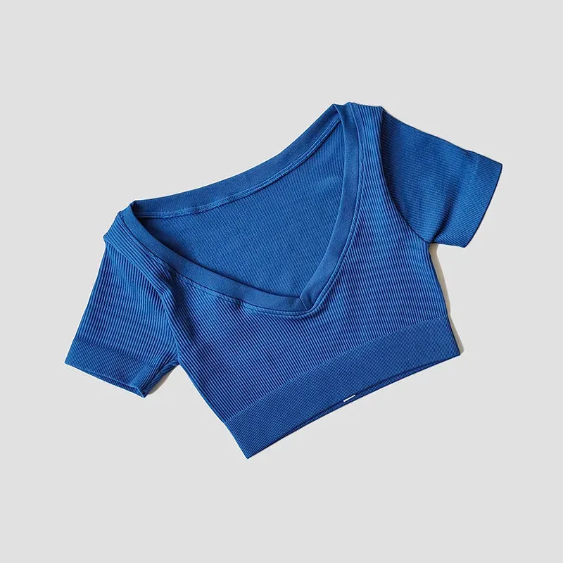 Women's Seamless Deep V Neck Short Sleeve Yoga Crop Top - Fitness Sportswear