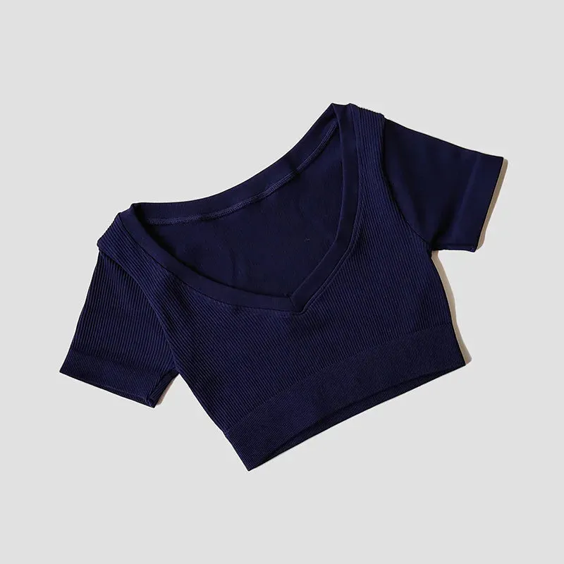 Women's Seamless Deep V Neck Short Sleeve Yoga Crop Top - Fitness Sportswear