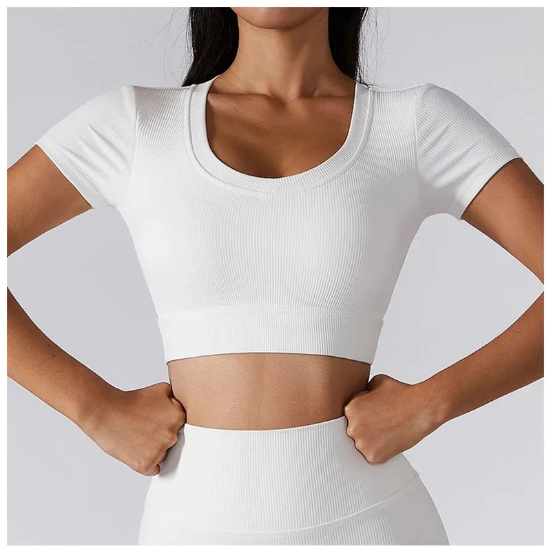 Women's Seamless Deep V Neck Short Sleeve Yoga Crop Top - Fitness Sportswear