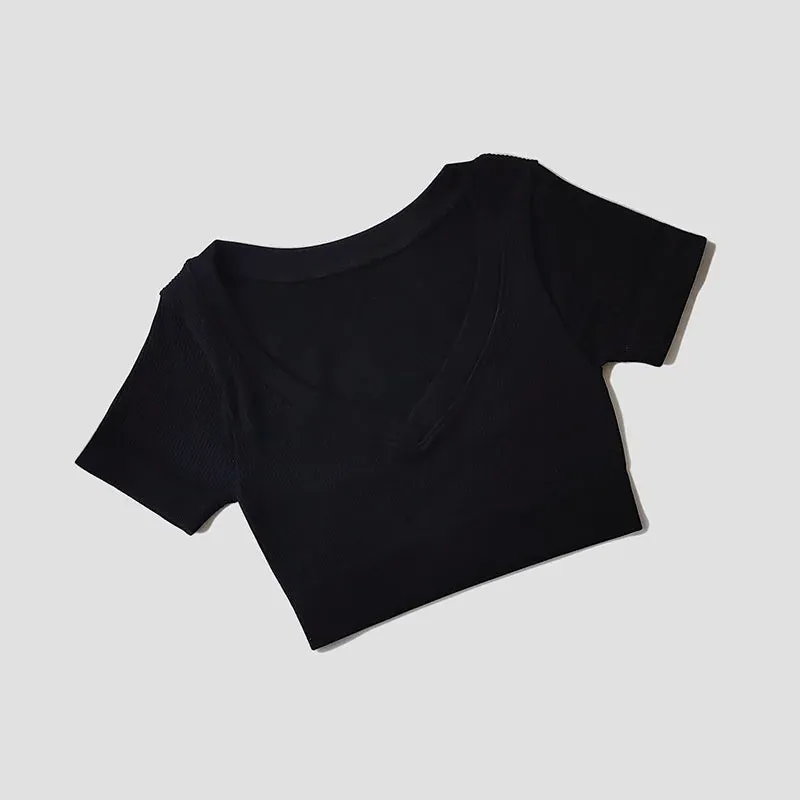 Women's Seamless Deep V Neck Short Sleeve Yoga Crop Top - Fitness Sportswear
