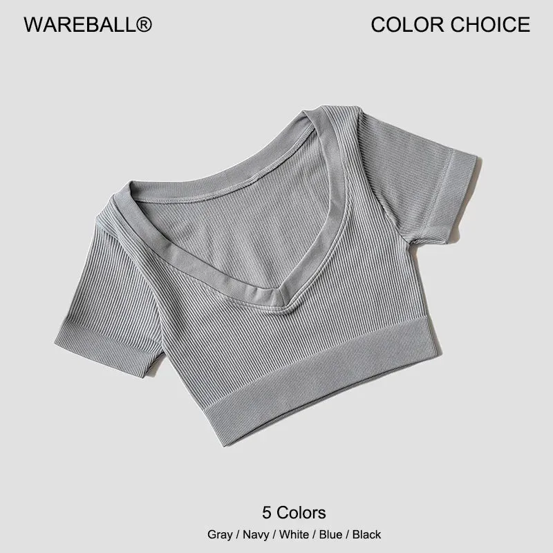 Women's Seamless Deep V Neck Short Sleeve Yoga Crop Top - Fitness Sportswear