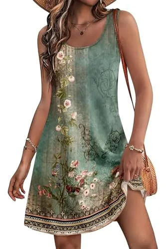 Women's Summer Dress 2025 Sleeveless Floral Boho Sundress Swimsuit Coverup Casual Loose Beach Vacation Tank Dresses