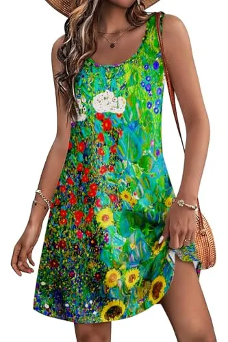 Women's Summer Dress 2025 Sleeveless Floral Boho Sundress Swimsuit Coverup Casual Loose Beach Vacation Tank Dresses
