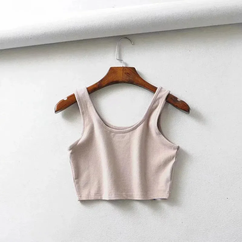 Women's Summer Sleeveless Crop Top - U-Neck Knitted Bar - Short Cotton