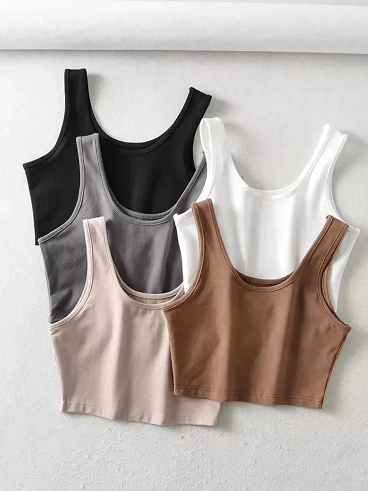 Women's Summer Sleeveless Crop Top - U-Neck Knitted Bar - Short Cotton