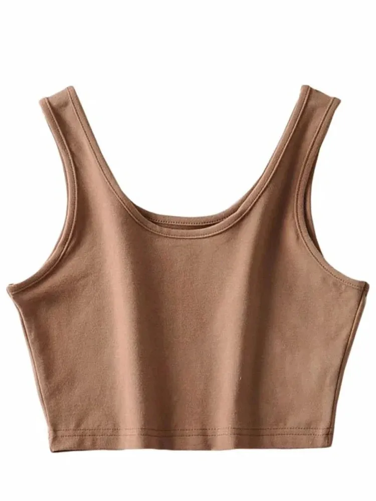 Women's Summer Sleeveless Crop Top - U-Neck Knitted Bar - Short Cotton