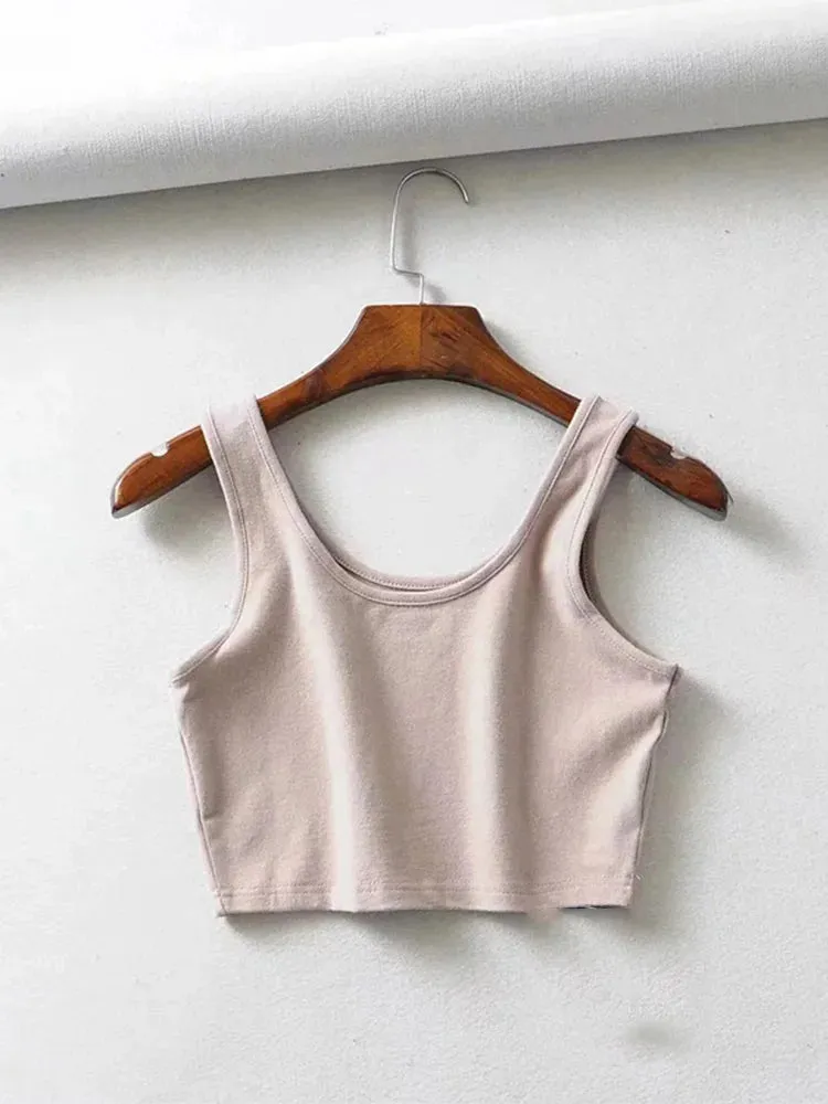 Women's Summer Sleeveless Crop Top - U-Neck Knitted Bar - Short Cotton
