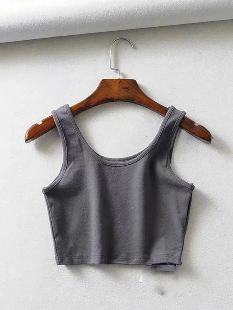 Women's Summer Sleeveless Crop Top - U-Neck Knitted Bar - Short Cotton