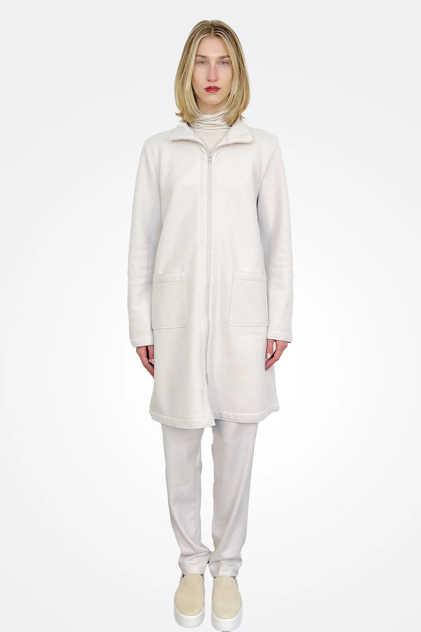 Woollen Cloth Zipped Coat - Ice