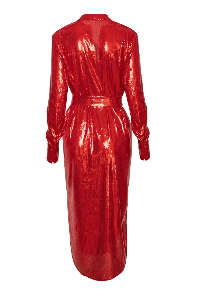 Wrap sequin midi dress with belt
