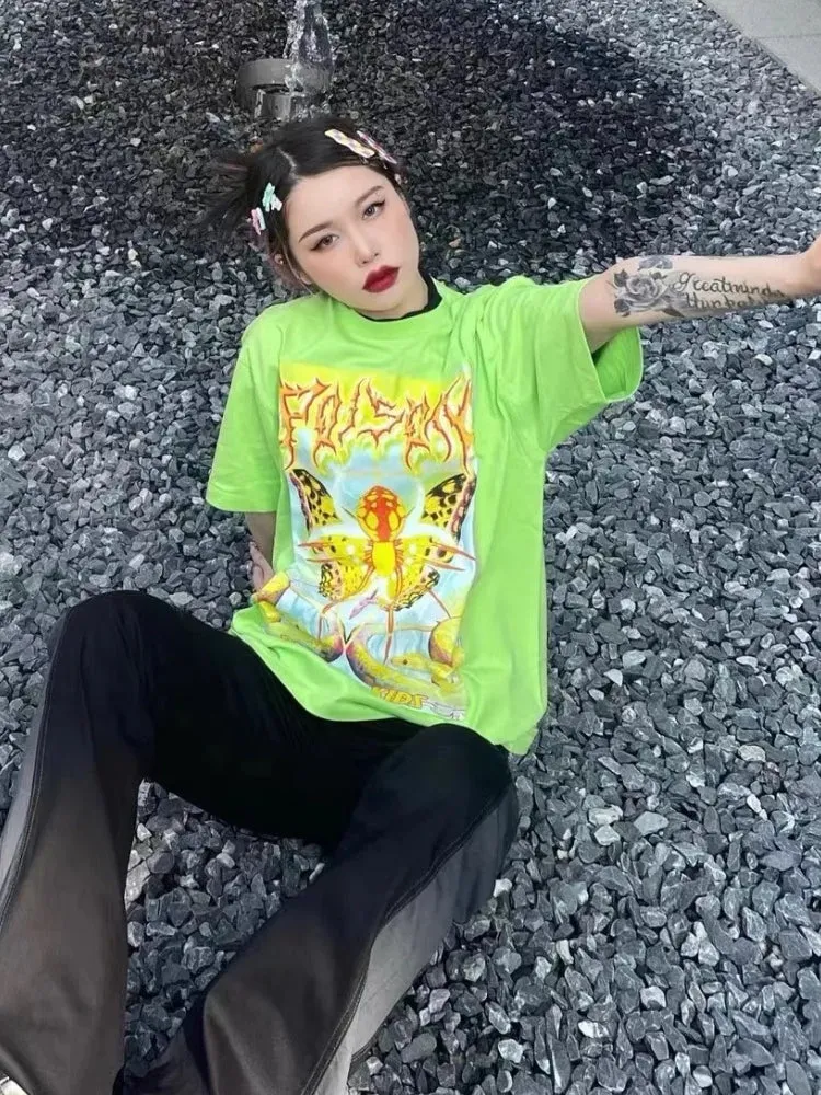 Y2K Cyber Butterfly Neon Tee