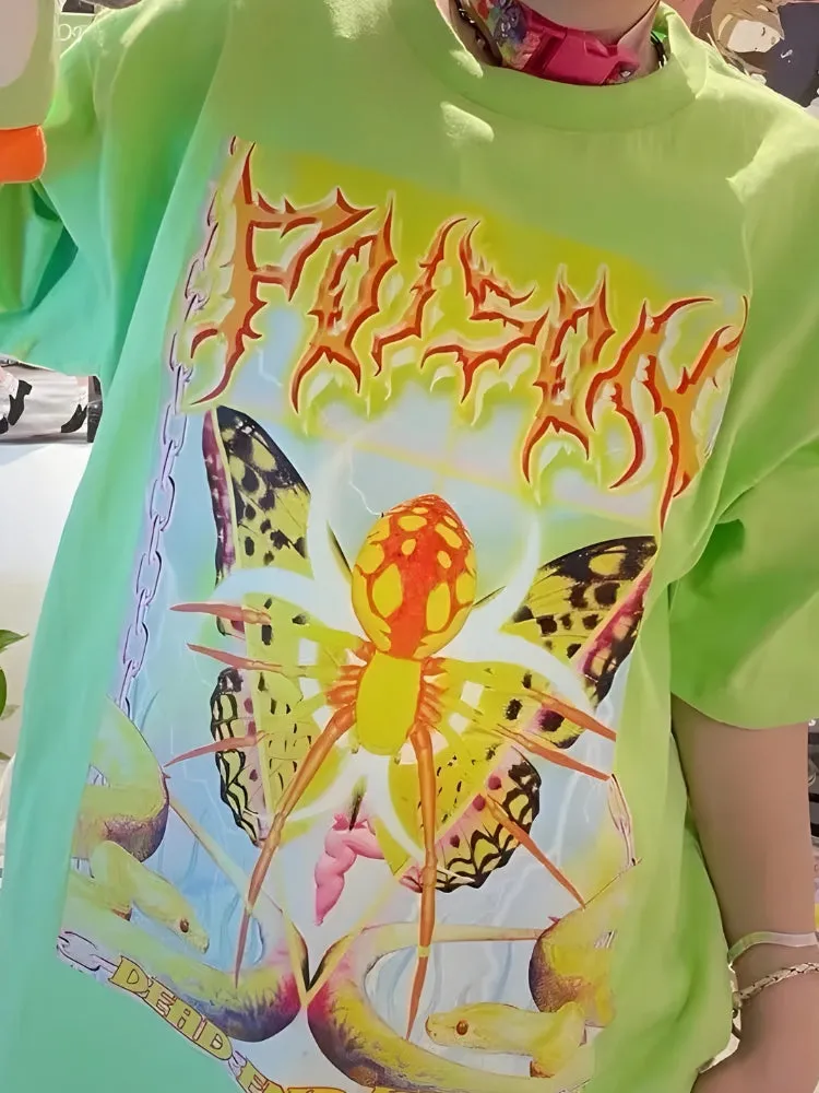 Y2K Cyber Butterfly Neon Tee
