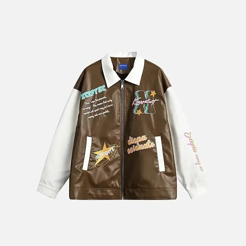 Y2K Leather Motorcycle Varsity Jacket with Lapel Collar