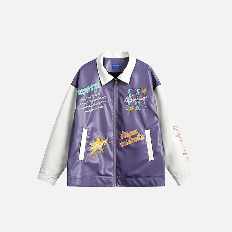 Y2K Leather Motorcycle Varsity Jacket with Lapel Collar