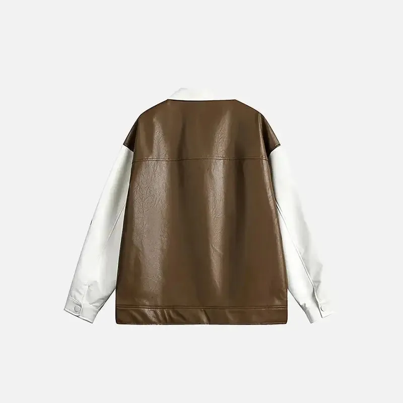 Y2K Leather Motorcycle Varsity Jacket with Lapel Collar