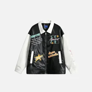 Y2K Leather Motorcycle Varsity Jacket with Lapel Collar