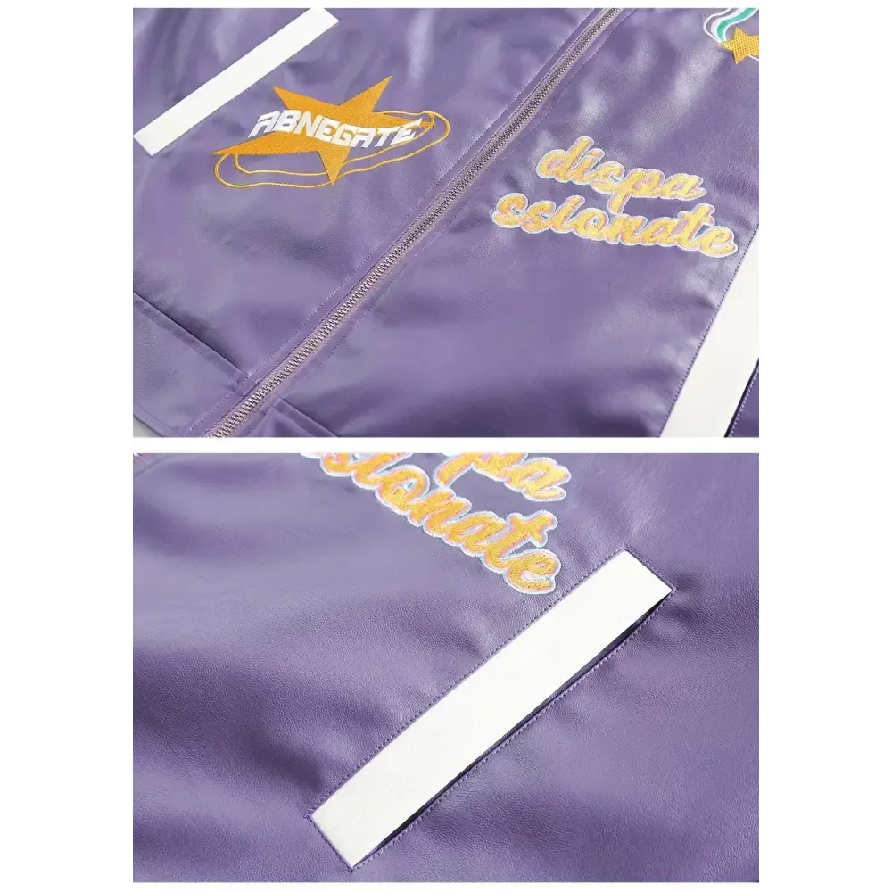 Y2K Leather Motorcycle Varsity Jacket with Lapel Collar