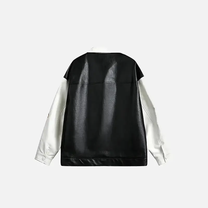Y2K Leather Motorcycle Varsity Jacket with Lapel Collar
