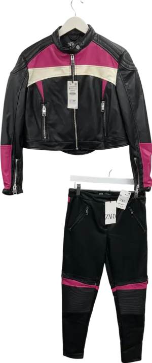 ZARA Black Faux Leather Biker Jacket And Trouser Set With Contrasting Panels UK M