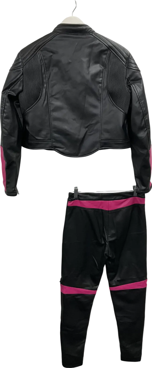 ZARA Black Faux Leather Biker Jacket And Trouser Set With Contrasting Panels UK M
