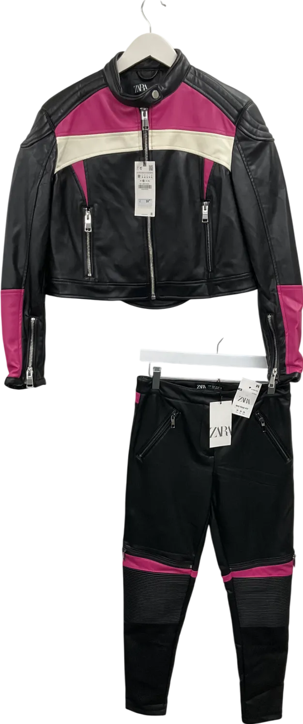 ZARA Black Faux Leather Biker Jacket And Trouser Set With Contrasting Panels UK M