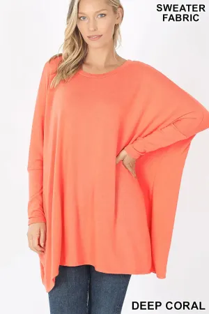 ZENANA SWEATER FABRIC OVERSIZE ROUND NECK PONCHO HT-2555AB  DEEP CORAL